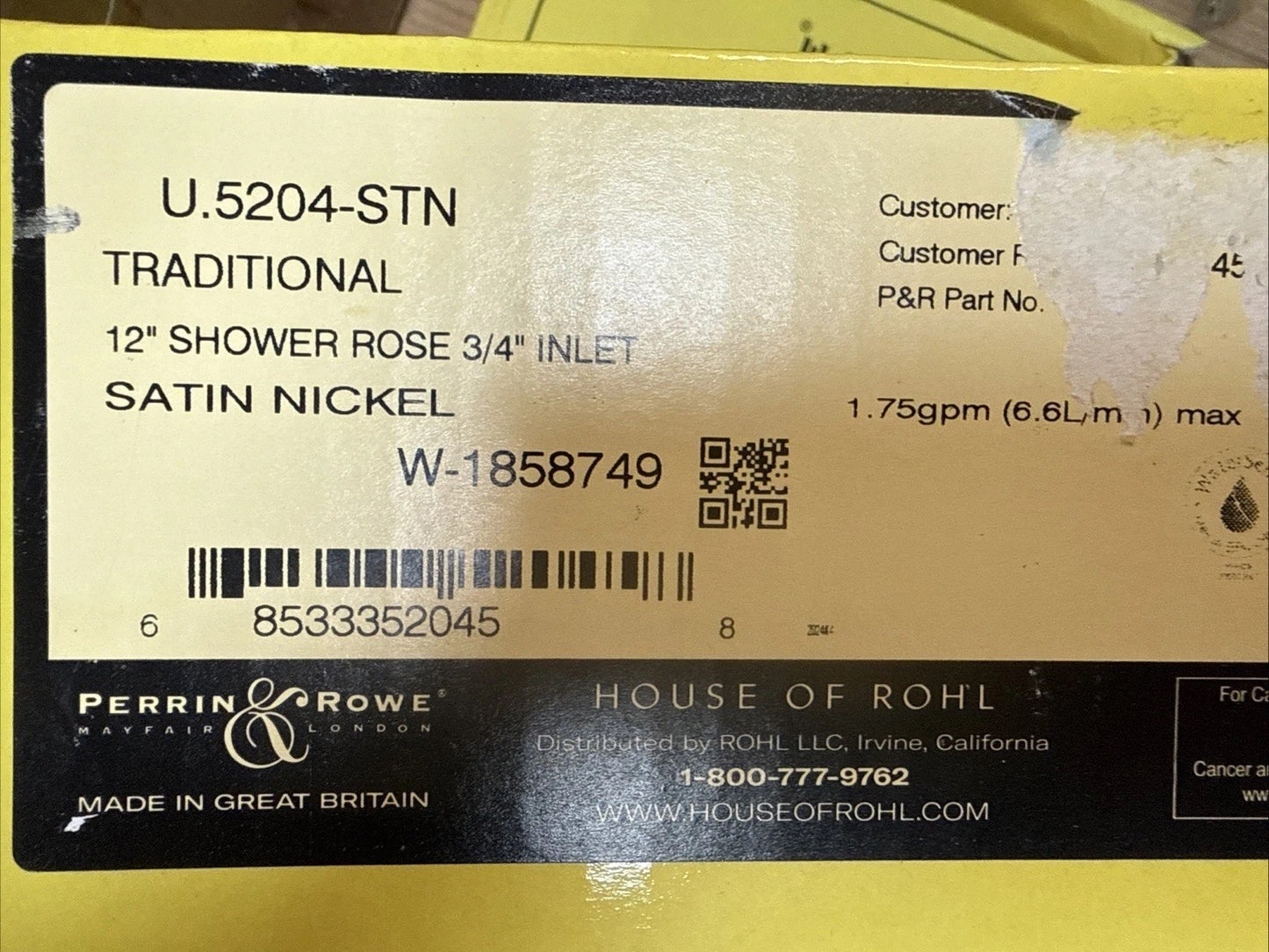ROHL U.5204STN Perrin & Rowe 12" Rain Shower Head 1.8 GPM Satin Nickel