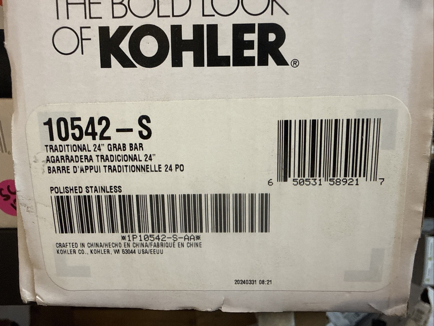 Kohler K-10542-S Traditional Polished Stainless 24" Grab Bar Polished Stainless