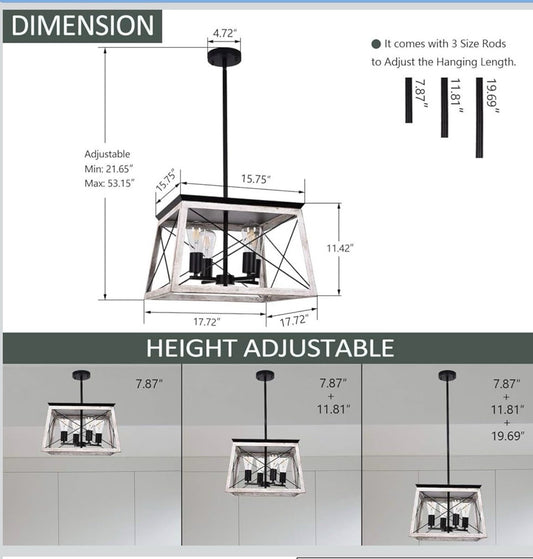 Luupyia Farmhouse 4-Light Pendant Light – Adjustable Rectangular Rustic Chandeli