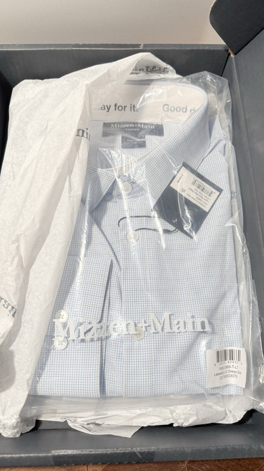 Mizzen + Main Leeward Dress Shirt Light Blue Mini Plaid Large Trim Tall