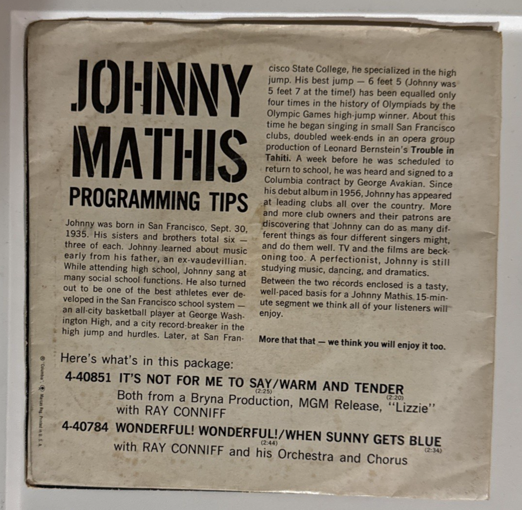Rare-Johnny Mathis Take 2 Lizzy DJ Promo 45- not released to the public