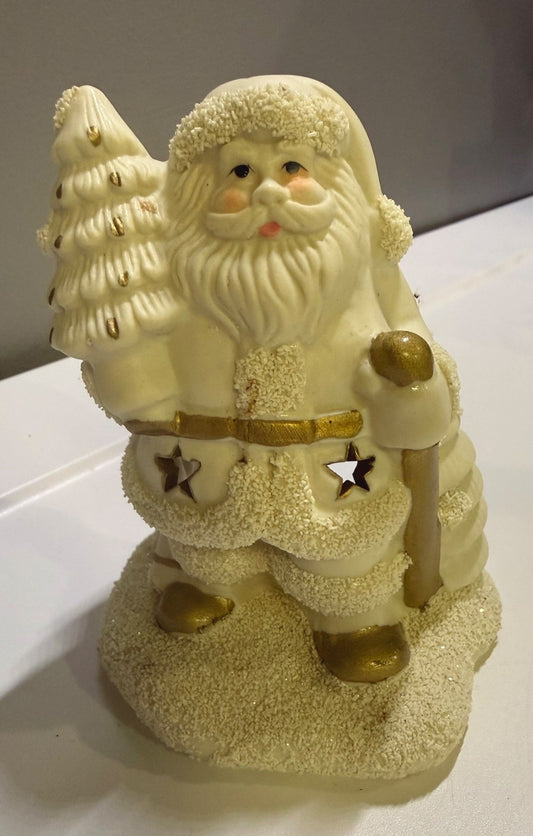 Vintage Santa Tealight Candle Holder White Gold Christmas Decor Figurine
