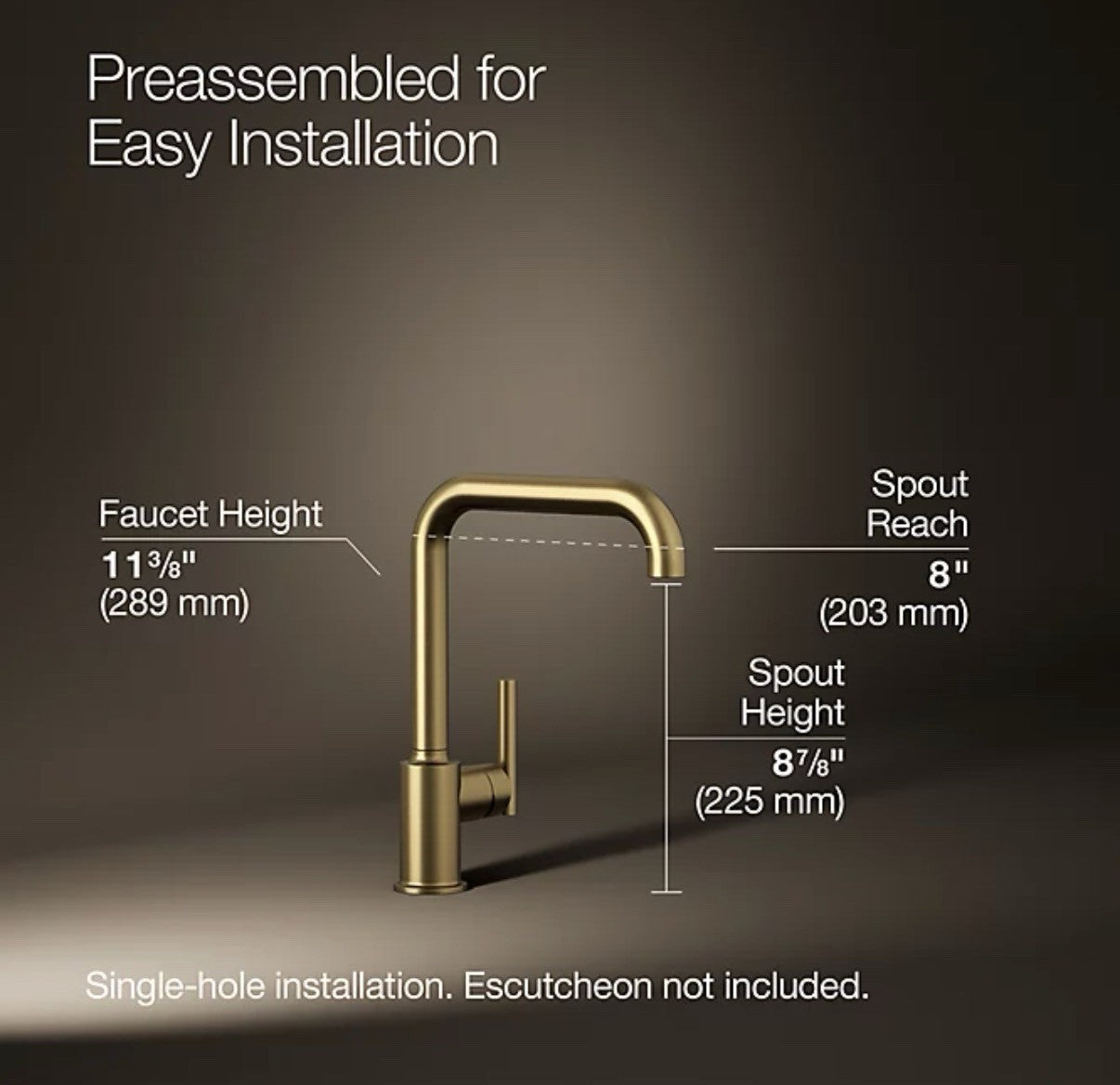 Kohler K-7507-2MB Purist 1.8 GPM Single Hole Kitchen Faucet, Brushed Brass
