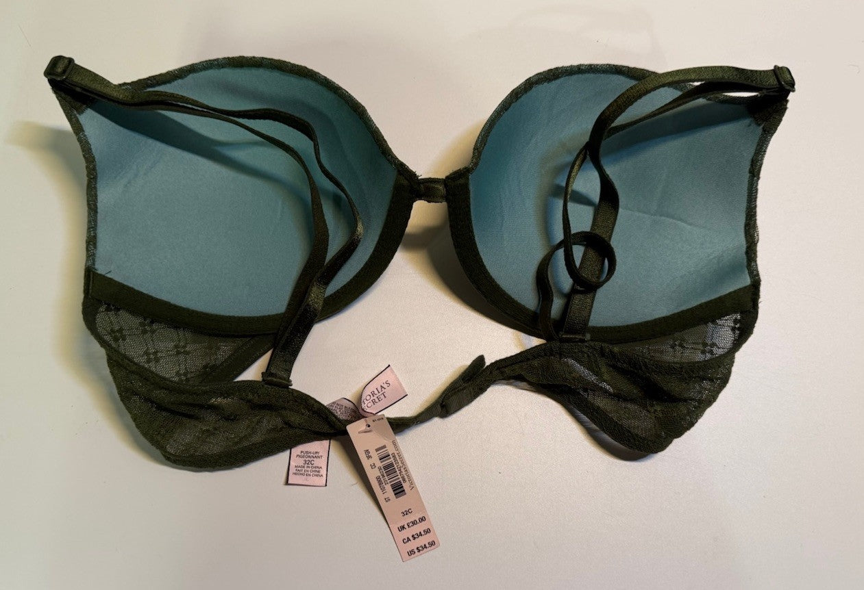 Victoria's Secret Elegant Lace Underwire Bra Green 32C Push-Up