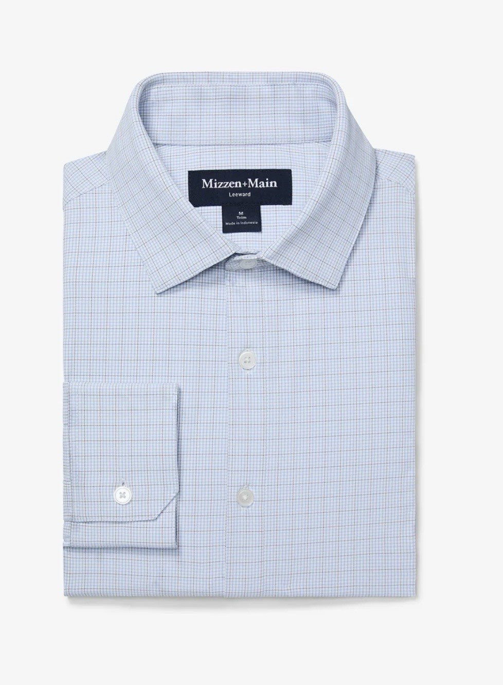 Mizzen + Main Leeward Dress Shirt Light Blue Mini Plaid Large Trim Tall