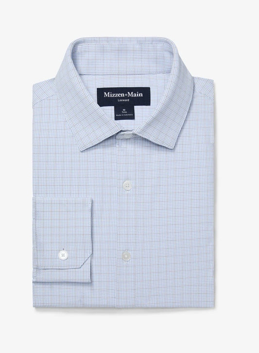 Mizzen + Main Leeward Dress Shirt Light Blue Mini Plaid Large Trim Tall