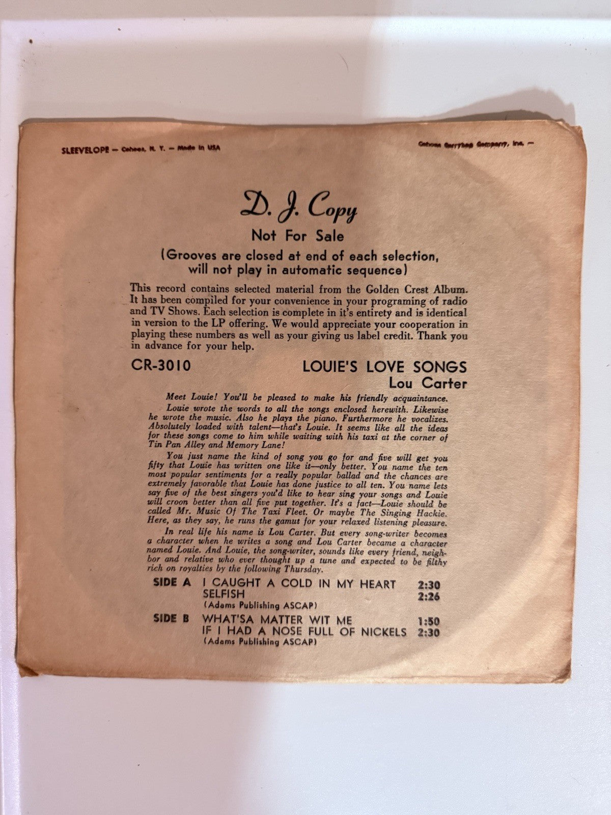 LOU CARTER: louie's love songs GOLDEN CREST 7" EP 45 RPM