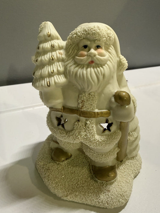 Vintage Santa Tealight Candle Holder White Gold Christmas Decor Figurine