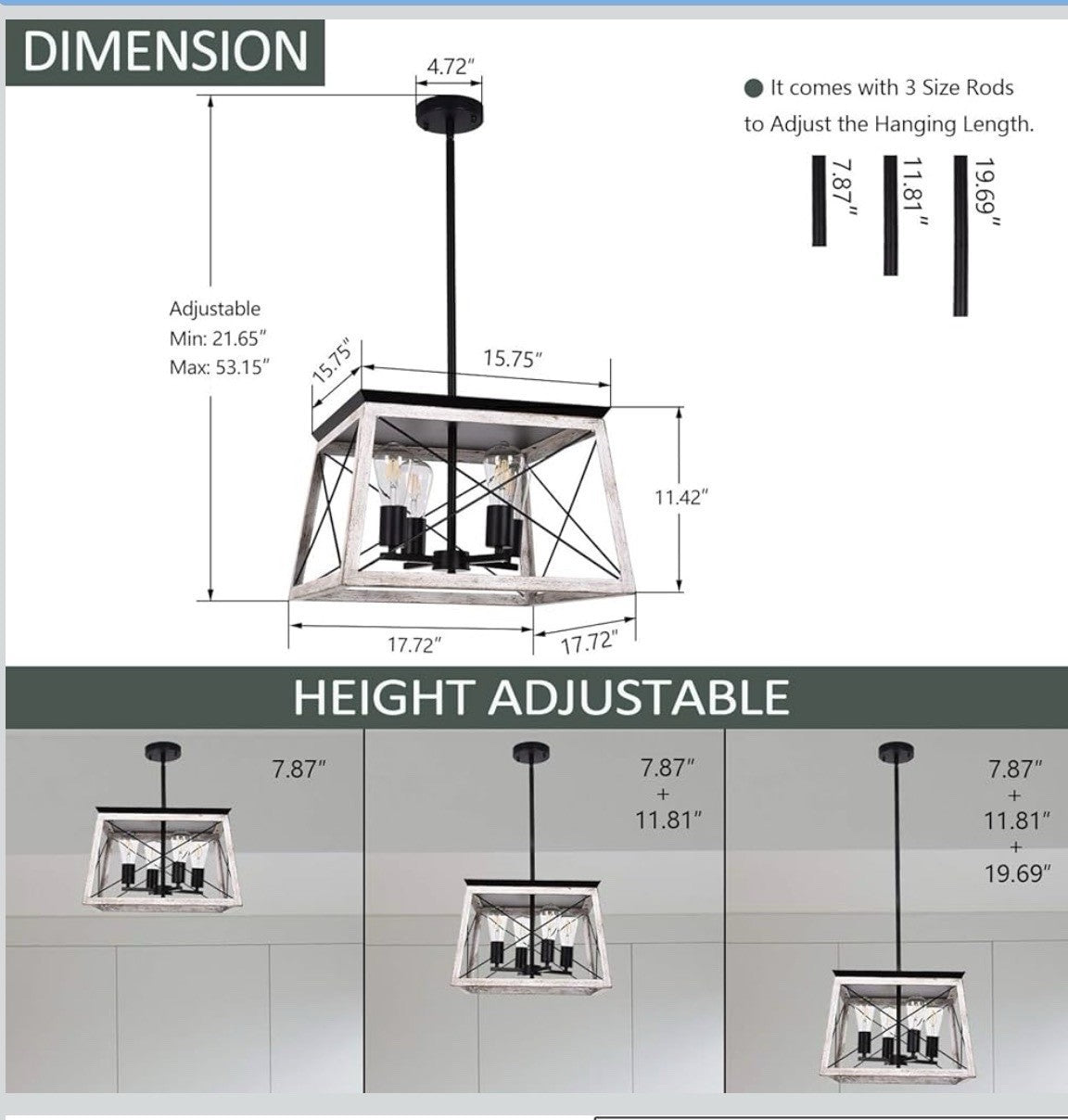 Luupyia Farmhouse 4-Light Pendant Light – Adjustable Rectangular Rustic Chandeli