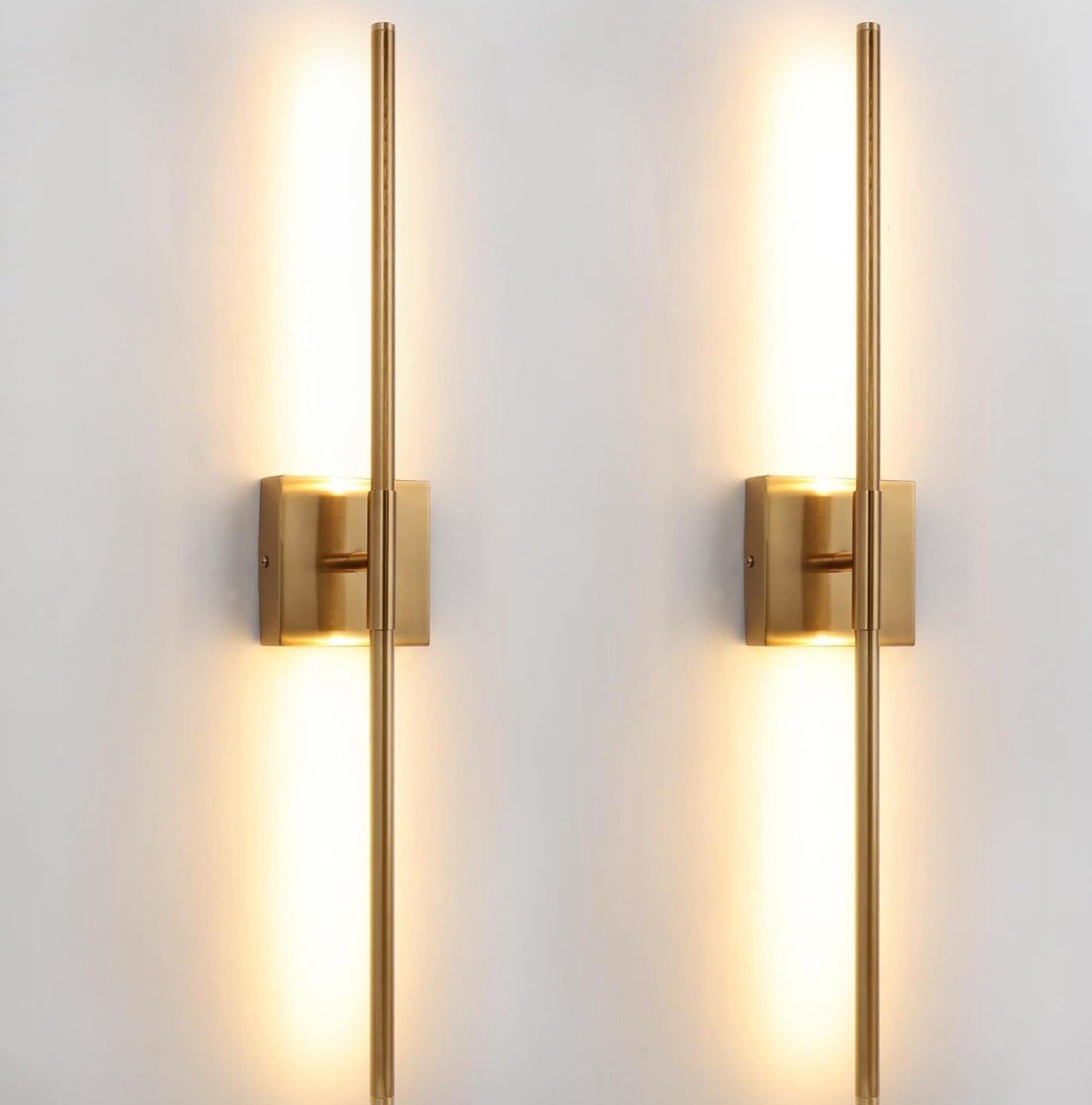 Wall Sconces Set of Two Brushed Brass Gold LED Wall Lights Modern Linear Scon...