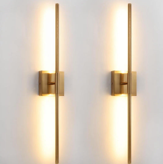 Wall Sconces Set of Two Brushed Brass Gold LED Wall Lights Modern Linear Scon...