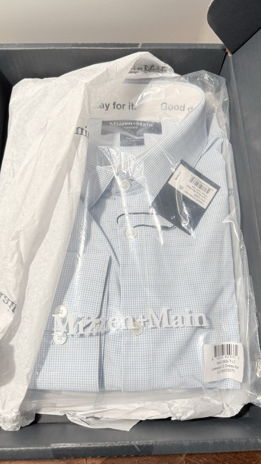 Mizzen + Main Leeward Dress Shirt Light Blue Mini Plaid Large Trim Tall
