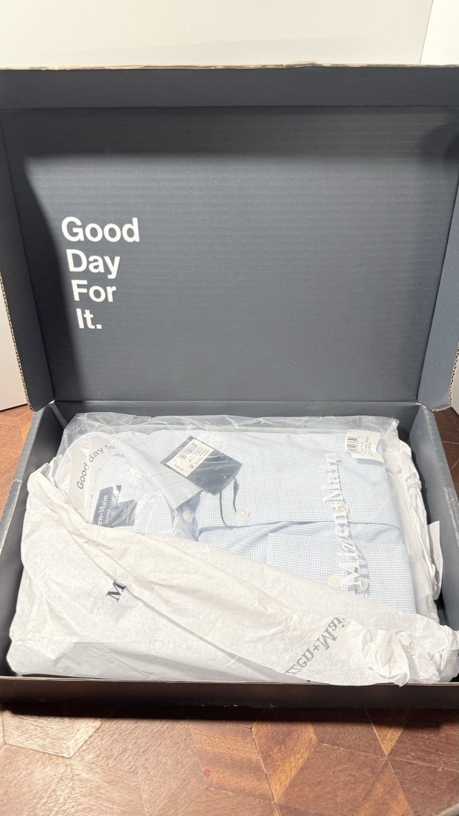 Mizzen + Main Leeward Dress Shirt Light Blue Mini Plaid Large Trim Tall